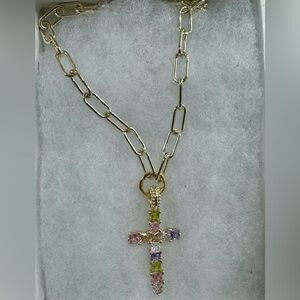 Gold Chain Necklace with Multicolor Gemstone Cross Pendant